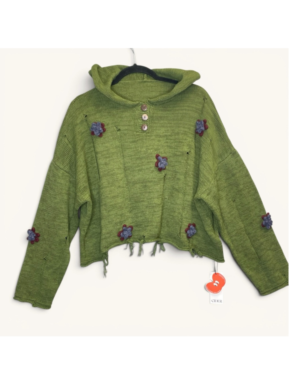 Cider XL Green Hooded Floral Applique Distressed Knit Sweater
